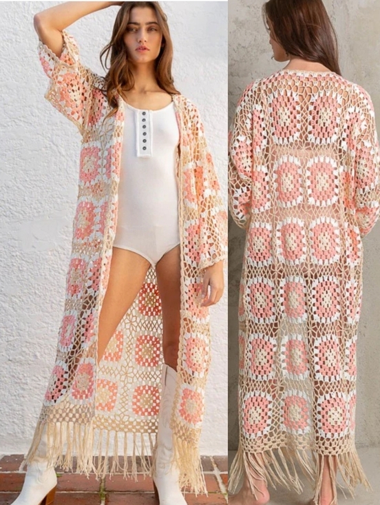 POL Sweaters - POL Kauai Crochet Long Tie Cardigan In Blush Beige Size Medium Granny Squares